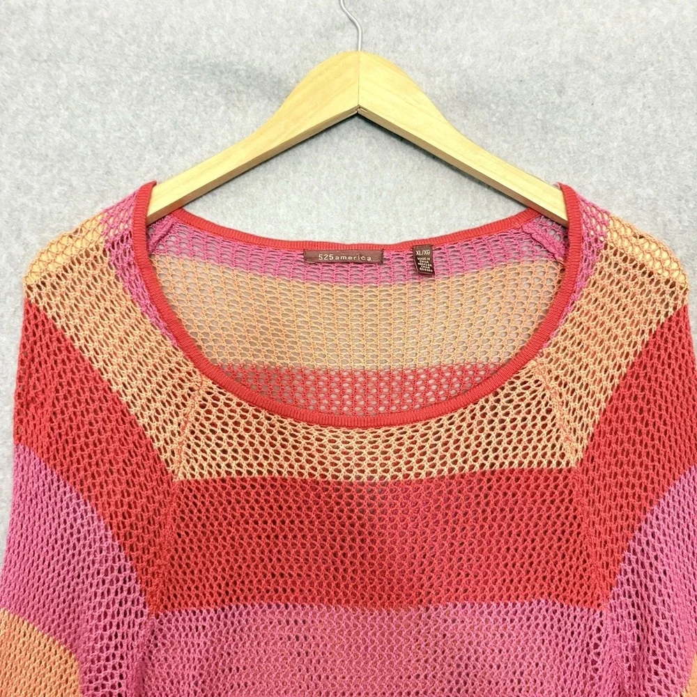 525 AMERICA Open Knit‎ Pink & Orange Stripe Sheer Long Sleeve Sweater Size XL